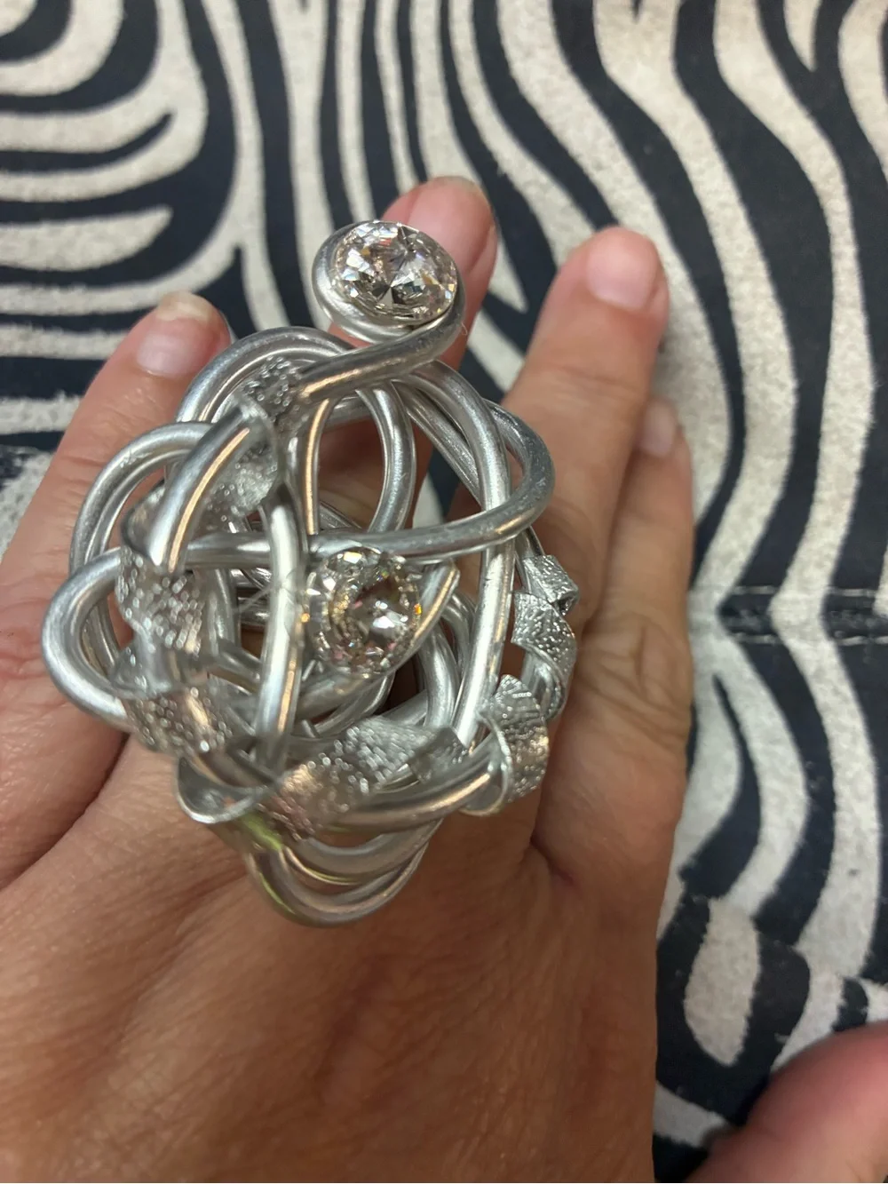 OAK. Jeff Leib.  Silver Twisted Statement Ring with Clear Crystals